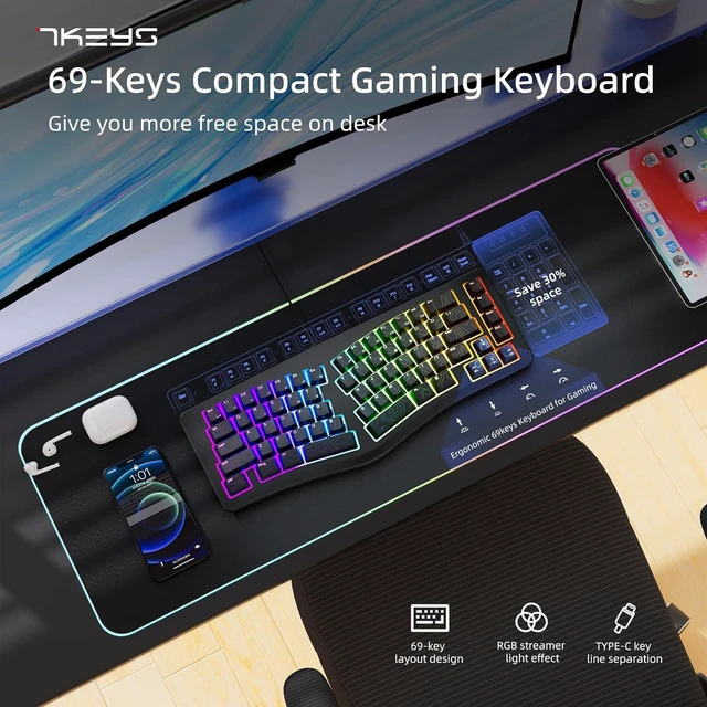 7KEYS Wired Ergonomic Keyboard, Compact Mini Split Keyboard 69 Keys, 14 ...