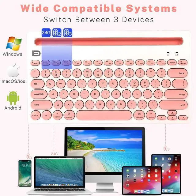 Alt view image 2 of 7 - Dual Channel Multi-Device Universal Cute Wireless Bluetooth Keyboard Portable Slim with 20m Connection Distance for Tablet Smart Phone PC Windows Android iOS Mac (Pink)