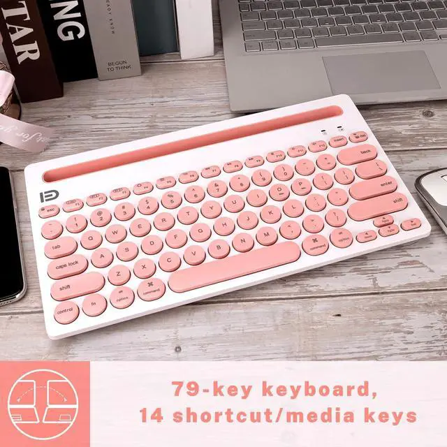 Alt view image 6 of 7 - Dual Channel Multi-Device Universal Cute Wireless Bluetooth Keyboard Portable Slim with 20m Connection Distance for Tablet Smart Phone PC Windows Android iOS Mac (Pink)