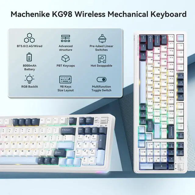 Alt view image 2 of 7 - Machenike KG98 Mechanical Keyboard,Hot Swappable Custom Gaming Keyboard,Pre-lubed Linear Switches,RGB Sidelit,Tri-Mode 98 Keys Compact Layout for Gaming/Typing/Win/Mac/PC