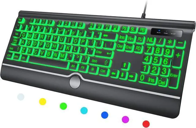 Main image of Backlit Large Print Keyboard, Wired Light Up Keyboards with 7-Color Backlit, Wrist Rest, Oversize Letters Keys Easy to See and Type, Corded Full-Size Keyboard for Windows Desktop, Laptop, PC, Gaming