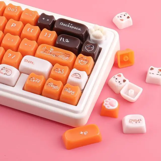 Alt view image 2 of 7 - Ceramic Jade Calico Cat Keycaps, 148 Keys Translucent Orange Jelly Cute Keycaps Mao Profile Creamy Custom Keycap for Cherry Gateron MX Swithes Mechanical Keyboards