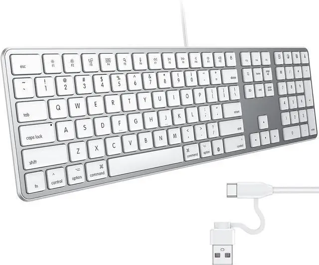 Main image of OMOTON Wired Keyboard Compatible with Mac, Dual Interface (USB and Type-C) Compatible with MacBook Pro/Air, iMac, Mac mini/Pro Laptop, Full-Size Keyboard with Numeric Keypad, Silver