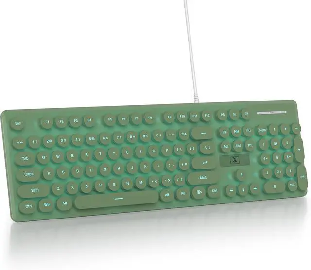 Main image of surmen Cute Quiet Keyboard Green Wired Typewriter Keyboard, Light Up Backlit PC Keyboards with Retro Round Keys Full Size 104 Keys for Office Computer (Dark Green)