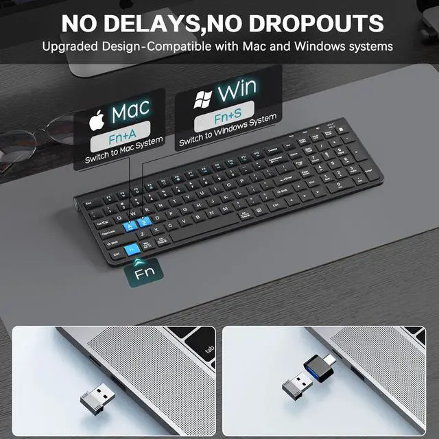Alt view image 2 of 7 - JOYACCESS Wireless Keyboard, 2.4G Ergonomic and Slim Wireless Keyboard with USB & Type C, Full Size and Portable Design for Computer/Laptop/Windows/Mac-Black