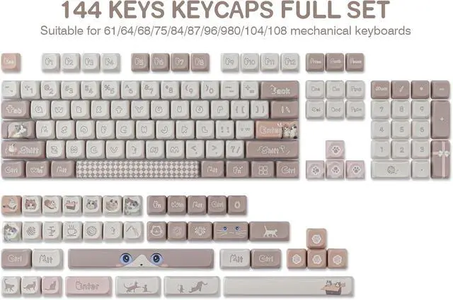 Alt view image 2 of 6 - Hyekit PBT Keycaps for Mechanical Keyboard - 144 Keys Cute Cat Keycaps, Dye-Sublimation Cute Keycaps Mao Profile Custom Keycaps for Cherry Gateron MX Switches, for Mac Windows PC Keyboard