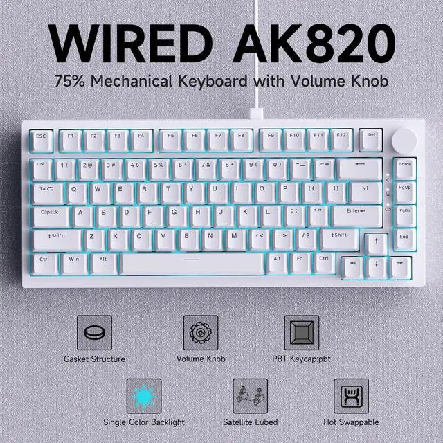 Alt view image 2 of 7 - NACODEX AK820 Gasket Mechanical Keyboard, 75% Wired Hot Swappable Keyboard with Volume Contro Knob, PBT Keycaps, Five-Layer Padding, 82 Keys Gaming Keyboard