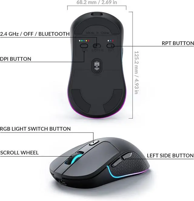 Alt view image 5 of 5 - Keychron M3 Wireless Gaming Optical Mouse, Tri-Mode 2.4 GHz/Bluetooth 5.1/Wired, PixArt PAW 3395 Sensor, 4000Hz Polling Rate, 79g Lightweight Programmable Macro Button for Windows PC/Mac - Black