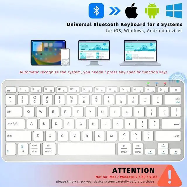 Alt view image 2 of 7 - Bluetooth Keyboard, Ultra-Slim Wireless Keyboard for iPad, Rechargeable Ergonomic Computer Keyboard for iOS, Android, Windows PC Tablets Phone, White Silver