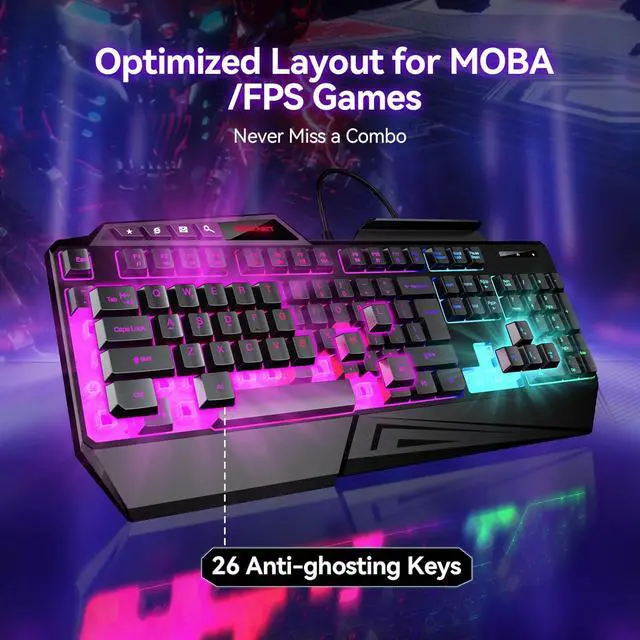 Alt view image 2 of 7 - TECKNET Wired RGB Gaming Keyboard - 26-Key Anti-Ghosting, 13 Lighting Modes, Spill-Resistant, 108 Membrane Keys, Plug & Play - with Ergonomic Wrist Rest & Phone Holder for Windows/Mac (Black)