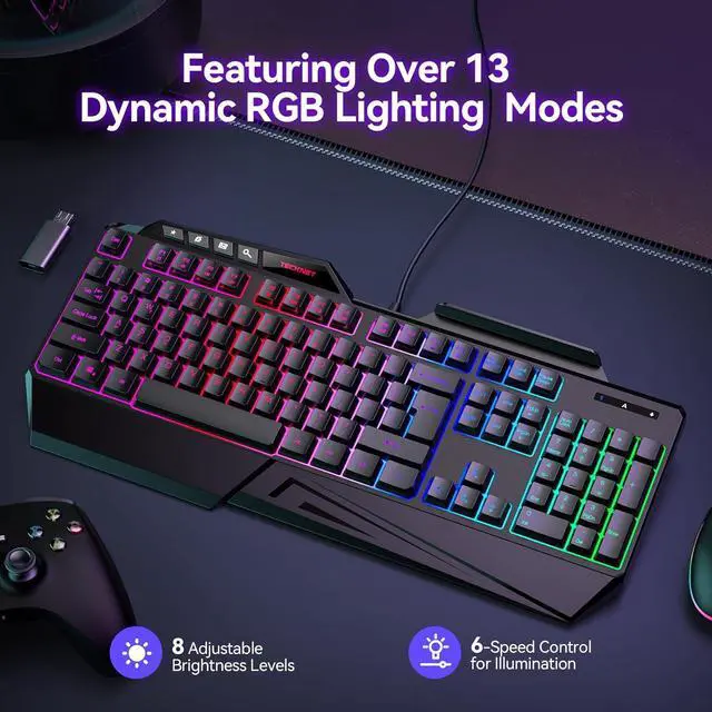 Alt view image 4 of 7 - TECKNET Wired RGB Gaming Keyboard - 26-Key Anti-Ghosting, 13 Lighting Modes, Spill-Resistant, 108 Membrane Keys, Plug & Play - with Ergonomic Wrist Rest & Phone Holder for Windows/Mac (Black)