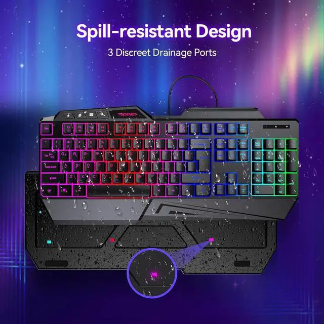Alt view image 6 of 7 - TECKNET Wired RGB Gaming Keyboard - 26-Key Anti-Ghosting, 13 Lighting Modes, Spill-Resistant, 108 Membrane Keys, Plug & Play - with Ergonomic Wrist Rest & Phone Holder for Windows/Mac (Black)
