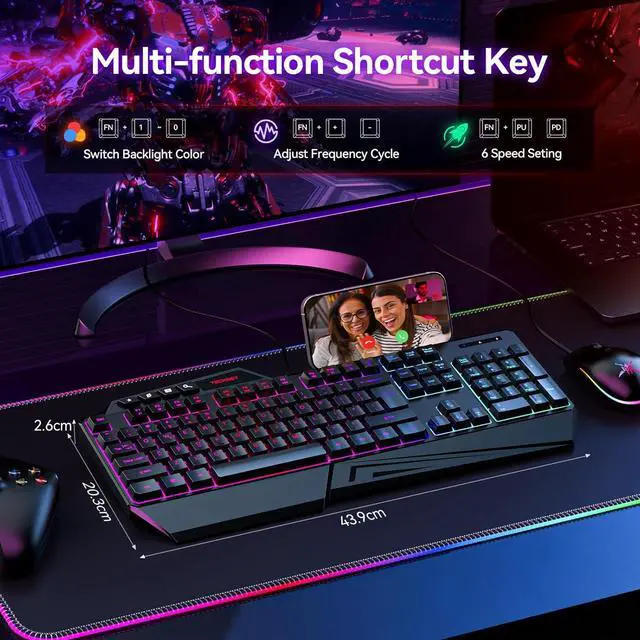 Alt view image 7 of 7 - TECKNET Wired RGB Gaming Keyboard - 26-Key Anti-Ghosting, 13 Lighting Modes, Spill-Resistant, 108 Membrane Keys, Plug & Play - with Ergonomic Wrist Rest & Phone Holder for Windows/Mac (Black)