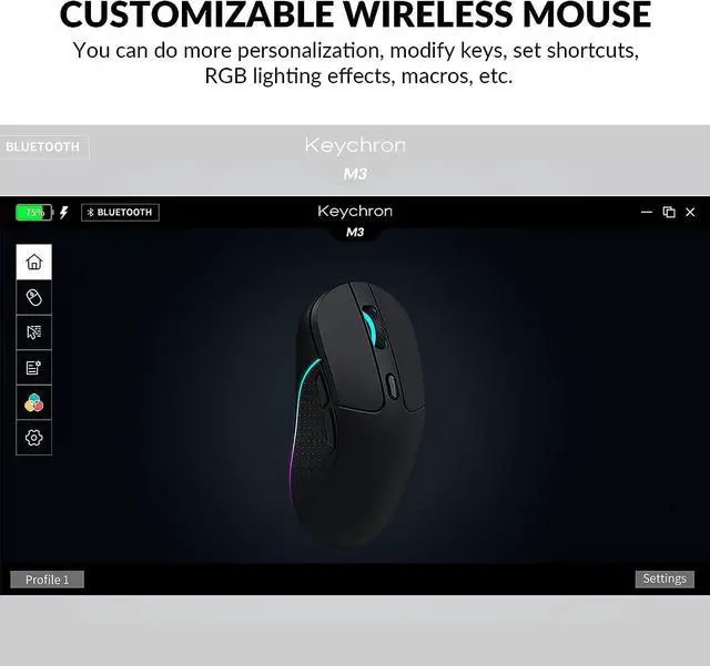 Alt view image 3 of 5 - Keychron M3 Wireless Gaming Optical Mouse, Tri-Mode 2.4 GHz/Bluetooth 5.1/Wired, PixArt PAW 3395 Sensor, 4000Hz Polling Rate, 79g Lightweight Programmable Macro Button for Windows PC/Mac - Black
