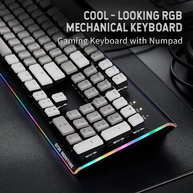 Alt view image 3 of 7 - Hexgears GK735 Wired Full Size Mechanical Keyboard, Aluminum Housing Built for Gamers w/Kailh Box White Switch, White Backlit + Surrounded by RGB Light Strip, 104 Keys Gaming Keyboard for PC/Mac