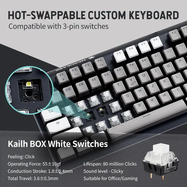 Alt view image 5 of 7 - Hexgears GK735 Wired Full Size Mechanical Keyboard, Aluminum Housing Built for Gamers w/Kailh Box White Switch, White Backlit + Surrounded by RGB Light Strip, 104 Keys Gaming Keyboard for PC/Mac