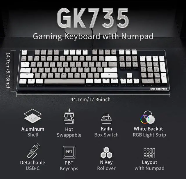 Alt view image 2 of 7 - Hexgears GK735 Wired Full Size Mechanical Keyboard, Aluminum Housing Built for Gamers w/Kailh Box White Switch, White Backlit + Surrounded by RGB Light Strip, 104 Keys Gaming Keyboard for PC/Mac