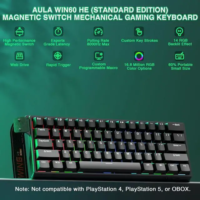 Alt view image 2 of 7 - Aula WIN60 HE - 60% Mechanical Gaming Keyboard Wired, Magnetic Switch Hot Swappable, Adjustable Actuation Rapid Trigger Mode, 8000 Hz Polling Rate, RGB Small Keyboard 60 Percent Compact Design for PC