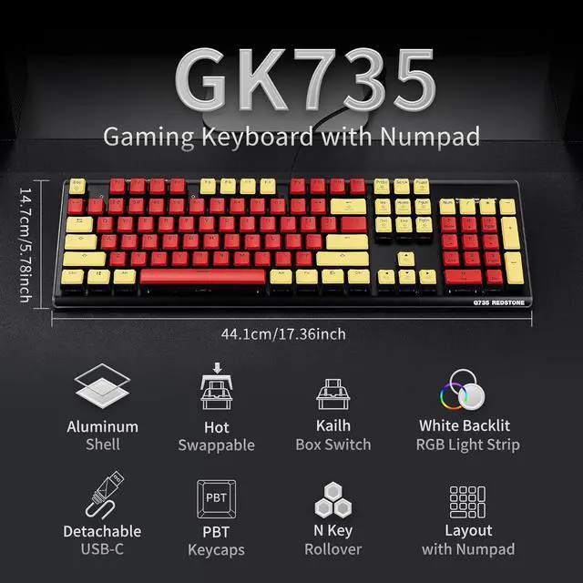 Alt view image 2 of 6 - Hexgears GK735 Wired Mechanical Gaming Keyboard, Hot-Swappable Full-Size Keyboard with White Backlit + Surround Side Light Strip, Aluminum Finish, Kailh Clicky Switches (Red-Yellow)