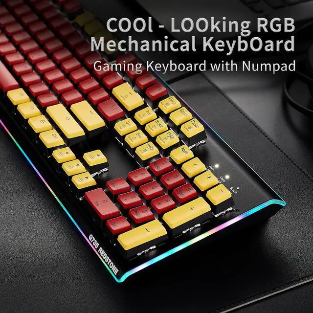 Alt view image 3 of 6 - Hexgears GK735 Wired Mechanical Gaming Keyboard, Hot-Swappable Full-Size Keyboard with White Backlit + Surround Side Light Strip, Aluminum Finish, Kailh Clicky Switches (Red-Yellow)