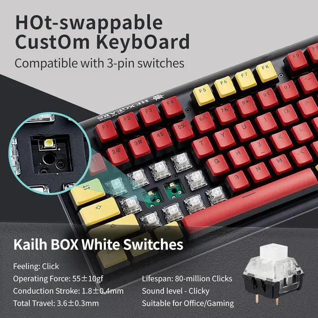Alt view image 4 of 6 - Hexgears GK735 Wired Mechanical Gaming Keyboard, Hot-Swappable Full-Size Keyboard with White Backlit + Surround Side Light Strip, Aluminum Finish, Kailh Clicky Switches (Red-Yellow)