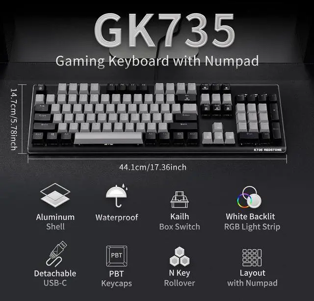 Alt view image 2 of 7 - Hexgears GK735 Full-Size Mechanical Gaming Keyboard, Surround Side Light Strip+Backlit Keyboard with Linear Switch, Anti-Ghosting, Double-Shot PBT Keycaps, Compatible with Windows, macOS (Gray-Black)