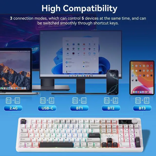 Alt view image 3 of 7 - AULA F106PRO Wireless Keyboard, Full Size Mechanical Keyboard with Media Knob & Screen, 8000mAh Battery Hot Swappable Custom PBT keycaps Gaming Keyboard - Blaze Switch,Black White Grey