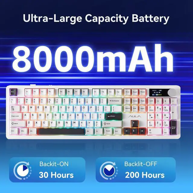 Alt view image 5 of 7 - AULA F106PRO Wireless Keyboard, Full Size Mechanical Keyboard with Media Knob & Screen, 8000mAh Battery Hot Swappable Custom PBT keycaps Gaming Keyboard - Blaze Switch,Black White Grey