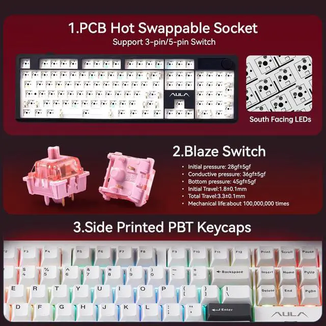 Alt view image 7 of 7 - AULA F106PRO Wireless Keyboard, Full Size Mechanical Keyboard with Media Knob & Screen, 8000mAh Battery Hot Swappable Custom PBT keycaps Gaming Keyboard - Blaze Switch,Black White Grey