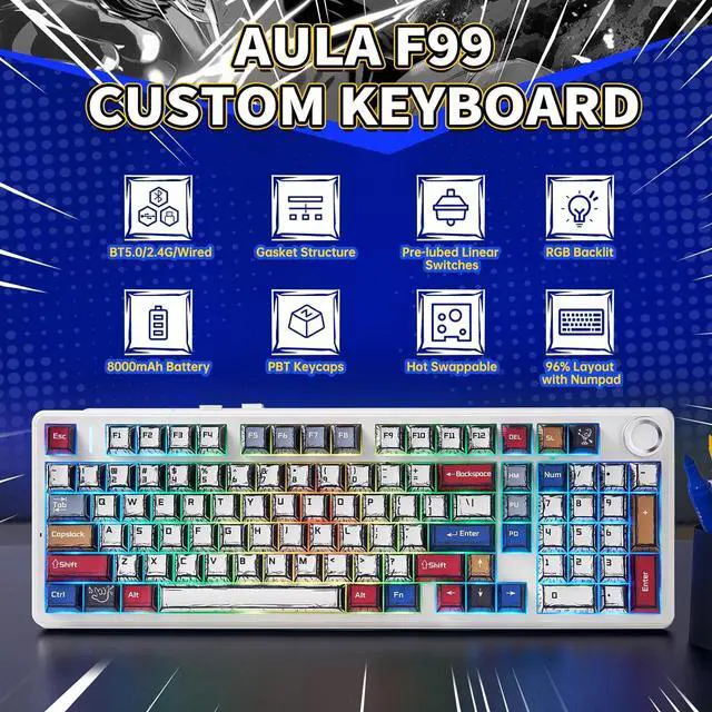 Alt view image 2 of 7 - x Aula F99 Pro Mechanical Keyboard, Wireless Gaming Keyboards RGB Backlit Hot Swappable Custom Creamy Bluetooth Computer Keyboard, Tri-Mode BT5.0/2.4GHz/USB-C, Pre-lubed Switches PBT Keycaps