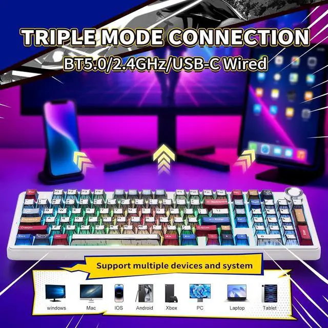 Alt view image 3 of 7 - x Aula F99 Pro Mechanical Keyboard, Wireless Gaming Keyboards RGB Backlit Hot Swappable Custom Creamy Bluetooth Computer Keyboard, Tri-Mode BT5.0/2.4GHz/USB-C, Pre-lubed Switches PBT Keycaps