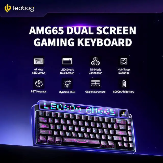 Alt view image 2 of 7 - x Aula AMG65 Mechanical Gaming Keyboard with Dual Screen, 65% Wireless Small Custom Keyboard RGB, Bluetooth/2.4G/Wired, Rapid Trigger, Hot Swappable for Windows Laptop PC Mac - Purple