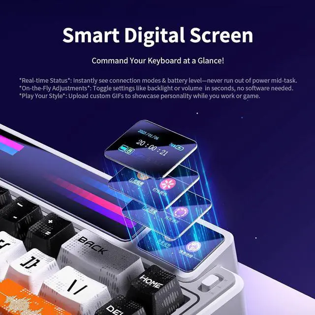 Alt view image 4 of 7 - x Aula AMG65 Mechanical Gaming Keyboard with Dual Screen, 65% Wireless Small Custom Keyboard RGB, Bluetooth/2.4G/Wired, Rapid Trigger, Hot Swappable for Windows Laptop PC Mac - Purple