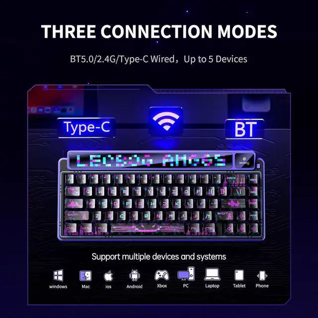 Alt view image 5 of 7 - x Aula AMG65 Mechanical Gaming Keyboard with Dual Screen, 65% Wireless Small Custom Keyboard RGB, Bluetooth/2.4G/Wired, Rapid Trigger, Hot Swappable for Windows Laptop PC Mac - Purple