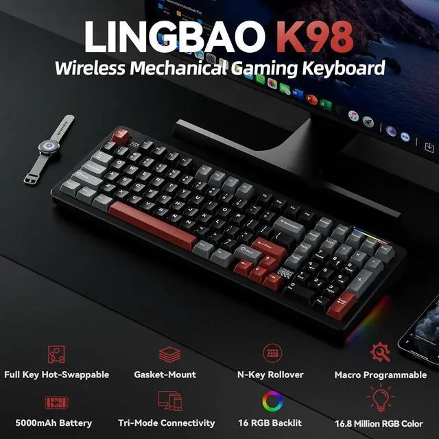 Alt view image 2 of 7 - LINGBAO K98 Wireless Mechanical Gaming Keyboard, Tri-Mode BT5.0/2.4GHz/USB-C, Gasket Custom Hot-Swappable Linear Switches Creamy Keyboard with Number Pad, RGB Backlit Gaming Keyboard for PC Laptop