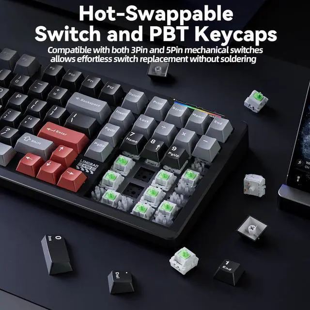 Alt view image 5 of 7 - LINGBAO K98 Wireless Mechanical Gaming Keyboard, Tri-Mode BT5.0/2.4GHz/USB-C, Gasket Custom Hot-Swappable Linear Switches Creamy Keyboard with Number Pad, RGB Backlit Gaming Keyboard for PC Laptop