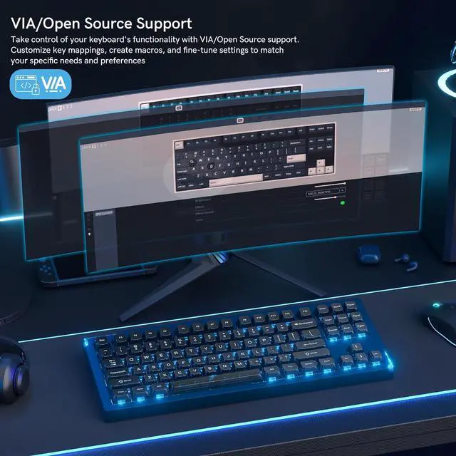 Alt view image 3 of 6 - SK87 75% Wireless Gaming Keyboard QMK/VIA, Full Aluminum Transparent keycaps Mechanical Keyboard, Bluetooth 5.0/2.4GHz/USB-C Wired Programmable Keyboard, Hot Swappable, POM Linear Switch (Blue)