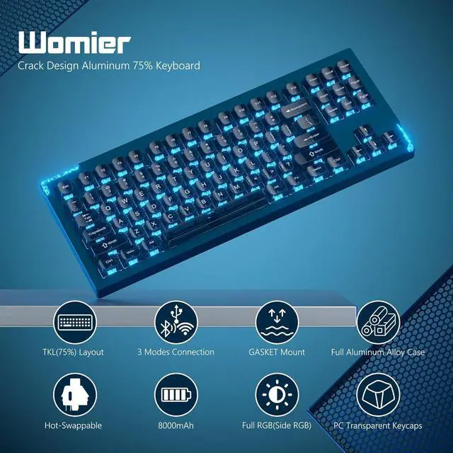 Alt view image 2 of 6 - SK87 75% Wireless Gaming Keyboard QMK/VIA, Full Aluminum Transparent keycaps Mechanical Keyboard, Bluetooth 5.0/2.4GHz/USB-C Wired Programmable Keyboard, Hot Swappable, POM Linear Switch (Blue)