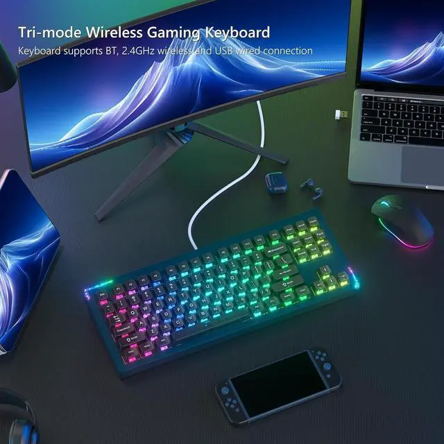 Alt view image 4 of 6 - SK87 75% Wireless Gaming Keyboard QMK/VIA, Full Aluminum Transparent keycaps Mechanical Keyboard, Bluetooth 5.0/2.4GHz/USB-C Wired Programmable Keyboard, Hot Swappable, POM Linear Switch (Blue)