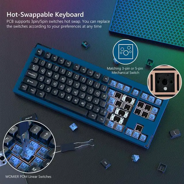 Alt view image 6 of 6 - SK87 75% Wireless Gaming Keyboard QMK/VIA, Full Aluminum Transparent keycaps Mechanical Keyboard, Bluetooth 5.0/2.4GHz/USB-C Wired Programmable Keyboard, Hot Swappable, POM Linear Switch (Blue)