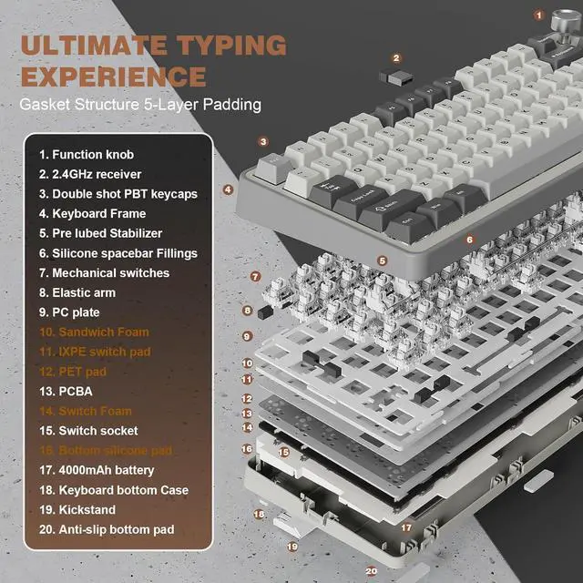 Alt view image 4 of 7 - YUNZII B75 PRO Wireless Mechanical Keyboard,75% Layout with Knob,Hot Swap Gasket Custom Structure,Creamy Pre-lubed Switches,RGB Backlit,Bluetooth/Type-C/2.4G for Win/Mac(Milk Switch,Grey)