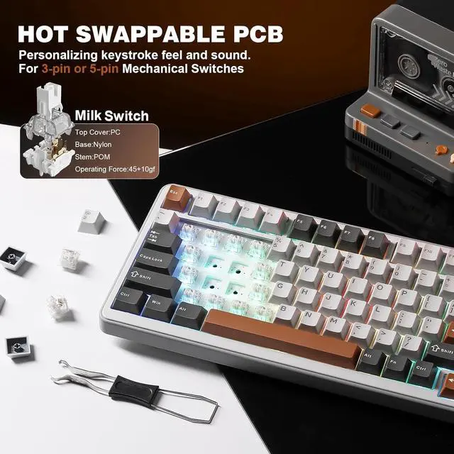 Alt view image 5 of 7 - YUNZII B75 PRO Wireless Mechanical Keyboard,75% Layout with Knob,Hot Swap Gasket Custom Structure,Creamy Pre-lubed Switches,RGB Backlit,Bluetooth/Type-C/2.4G for Win/Mac(Milk Switch,Grey)