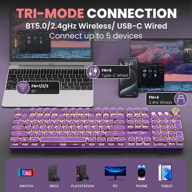 Alt view image 3 of 6 - EWEADN V20 Typewriter Keyboard Wireless, 104 Keys Typewriter Style Mechanical with White Backlit, Media Knob, Pink Switch 2.4G/Bluetooth/USB-C Wired Retro Full Size Keyboard for Windows/Mac/PC-Purple