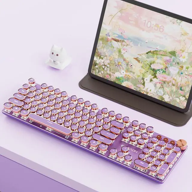 Main image of EWEADN V20 Typewriter Keyboard Wireless, 104 Keys Typewriter Style Mechanical with White Backlit, Media Knob, Pink Switch 2.4G/Bluetooth/USB-C Wired Retro Full Size Keyboard for Windows/Mac/PC-Purple