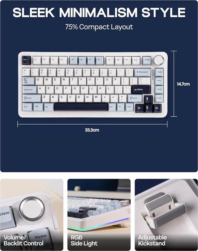 Alt view image 4 of 7 - EPOMAKER EA75 75% RGB Gaming Mechanical Keyboard, 2.4GHz/Type-C/BT Creamy Wireless Keyboard with Knob, Shine Through PBT Keycaps, Hot Swappable for Gamers (Light Blue, Graywood V3 Switch)