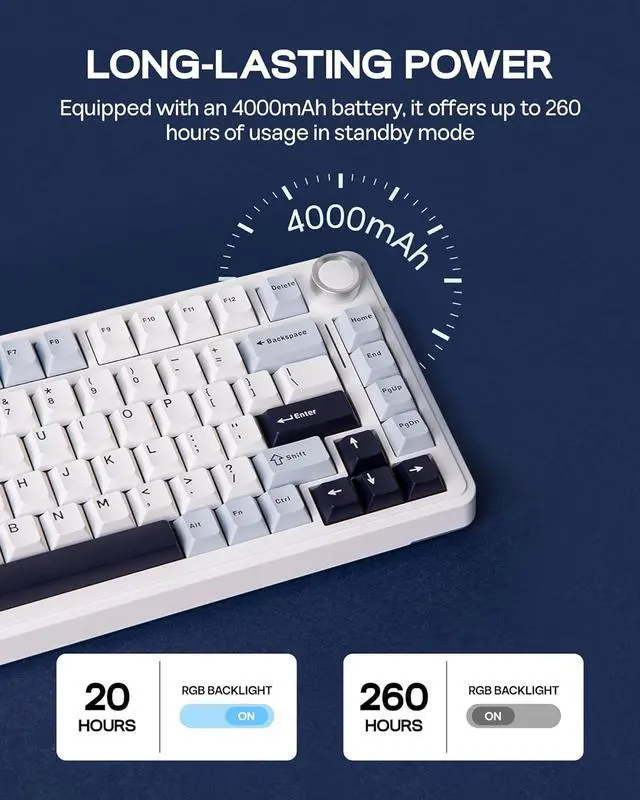 Alt view image 5 of 7 - EPOMAKER EA75 75% RGB Gaming Mechanical Keyboard, 2.4GHz/Type-C/BT Creamy Wireless Keyboard with Knob, Shine Through PBT Keycaps, Hot Swappable for Gamers (Light Blue, Graywood V3 Switch)