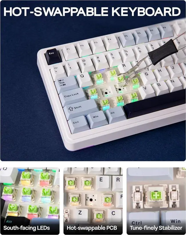 Alt view image 6 of 7 - EPOMAKER EA75 75% RGB Gaming Mechanical Keyboard, 2.4GHz/Type-C/BT Creamy Wireless Keyboard with Knob, Shine Through PBT Keycaps, Hot Swappable for Gamers (Light Blue, Graywood V3 Switch)
