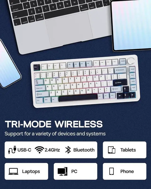 Alt view image 7 of 7 - EPOMAKER EA75 75% RGB Gaming Mechanical Keyboard, 2.4GHz/Type-C/BT Creamy Wireless Keyboard with Knob, Shine Through PBT Keycaps, Hot Swappable for Gamers (Light Blue, Graywood V3 Switch)