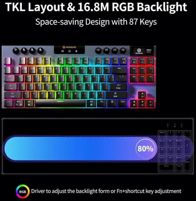 Alt view image 6 of 7 - Hexgears Immersion A3 TKL Low-Profile Wireless Mechanical Keyboard, BT5.0/2.4GHz/USB-C Hot-Swappable Tactile Switches, RGB Backlit, Display Screen & 5800mAh Battery Gaming Keyboard for Pc/Mac/Tablet