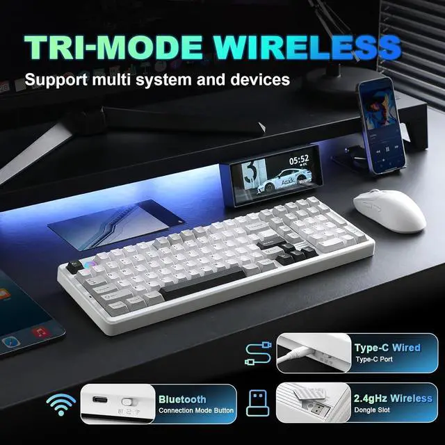 Alt view image 3 of 7 - YUNZII AL98 QMK/VIA Wireless Mechanical Gaming Keyboard,Full Aluminum,BT/2.4G/USB-C, Pre-Lubed Hot Swappable Gasket Mount 1800 Layout,RGB Backlit for Win/Mac (White, Cocoa Cream V2 Switch)